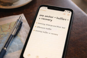 Bakasyon planning note showing one anchor buffers and recovery time on a phone