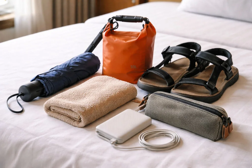 bakasyon planning essentials for sudden rain including umbrella sandals and dry bag