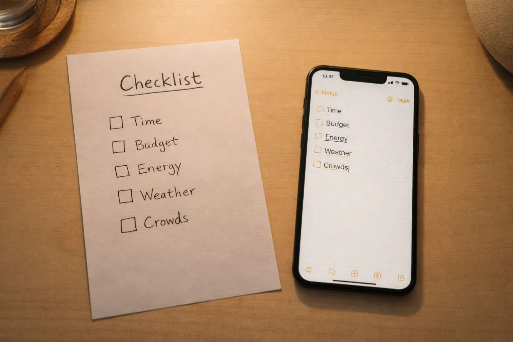 Quick checklist for choosing bakasyon vs staycation based on time budget energy weather and crowds