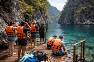 Barracuda Lake entry platform with visitors wearing life vests