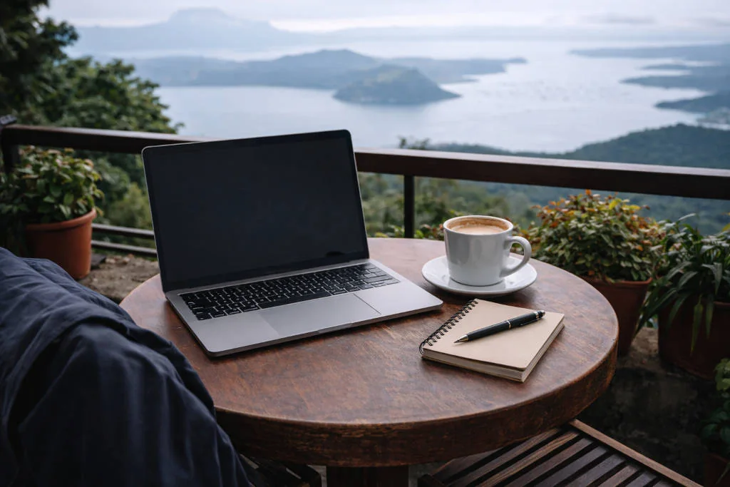 Work friendly cafe setup in Tagaytay with coffee and laptop for best cafes in Tagaytay