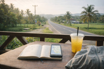 Bohol Countryside Itinerary 4 Days (Realistic Pace, With Buffers) Bohol Countryside Itinerary 4 Days planning scene with notebook and phone map on a café table