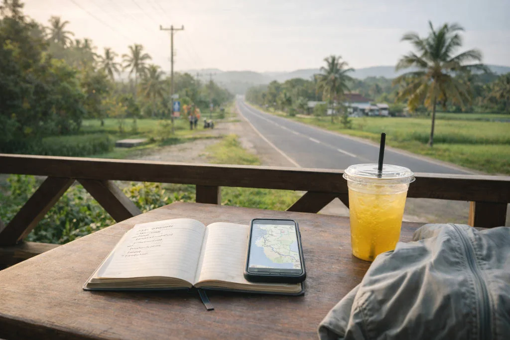 Bohol Countryside Itinerary 4 Days planning scene with notebook and phone map on a café table