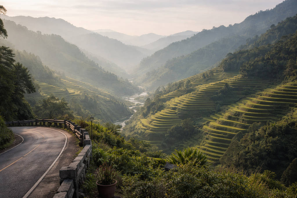 Cagayan de Oro To Banaue arrival view with calm morning light over Banaue terraces