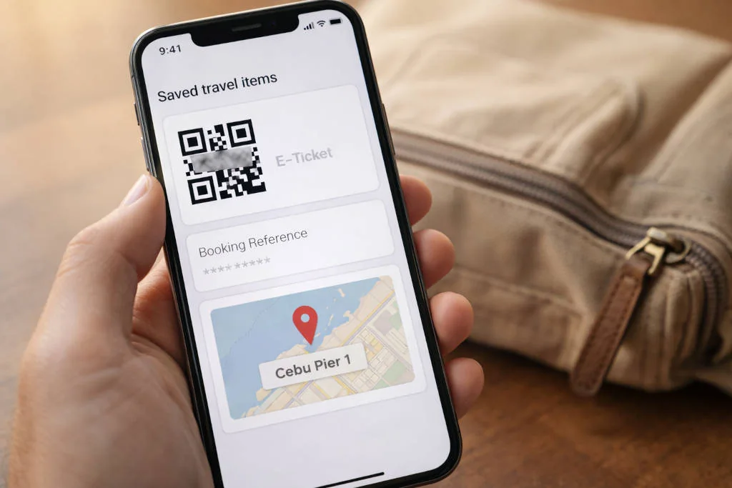 Cebu City to Bohol travel day screenshots checklist with e-ticket and pier map pin
