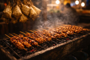 Cebu night market food classic barbecue skewers and puso hanging rice on a grill