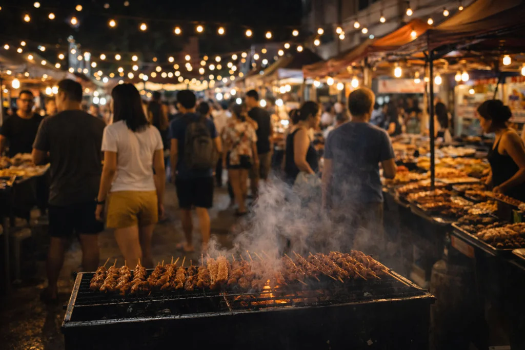 Cebu night market food stalls glowing with lights and grilling skewers at night in Cebu City