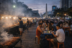 Cebu night market food grill strip near Fuente Osmeña with smoky barbecue stalls in Cebu City