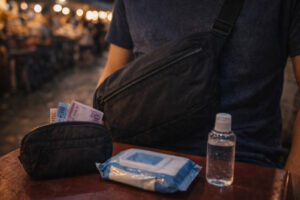 Cebu night market food night essentials like cash, wipes, and a crossbody bag for safety