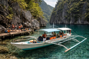 Island hopping boat docking before the short walk to Barracuda Lake