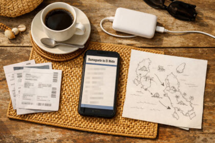 Dumaguete to El Nido travel planning essentials laid out on a table