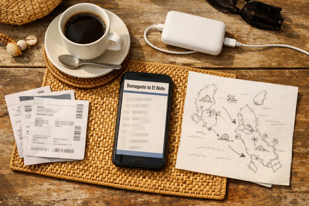 Dumaguete to El Nido travel planning essentials laid out on a table
