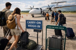Dumaguete to El Nido baggage weigh-in and carry-on checks at a small airport