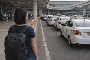 flights and hotels in the philippines: Mika standing at Manila International Airport arrivals exit looking toward the taxi bay with taxis lined up
