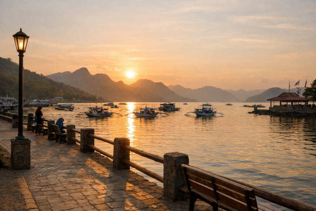 free things to do in Coron at the town baywalk during sunset with boats