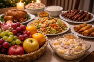 Media Noche spread with round fruits for Filipino New Year tradition, happy new year philippines