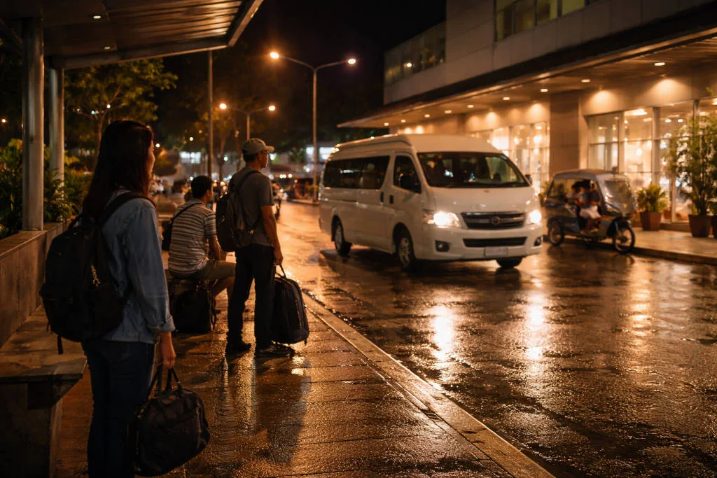 Well-lit pickup point for how to get around Bicol more safely at night