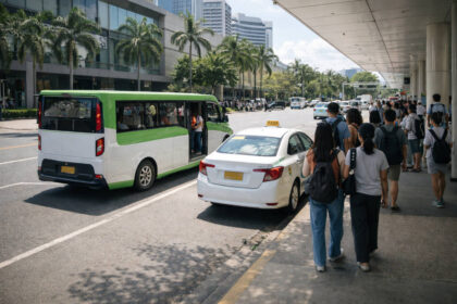 Street scene showing how to get around Cebu City with modern jeepney and taxi cues
