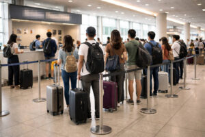 Shared shuttle van queue for how to get around Iloilo City from the airport