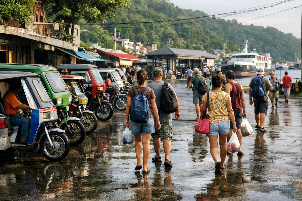 Tricycles waiting near the port in Romblon for short trips while planning how to get around Romblon