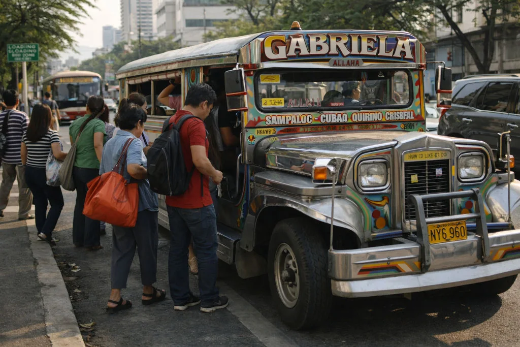 jeepney and tricycle guide featured image of an iconic jeepney short-hop boarding moment in a Philippine street scene