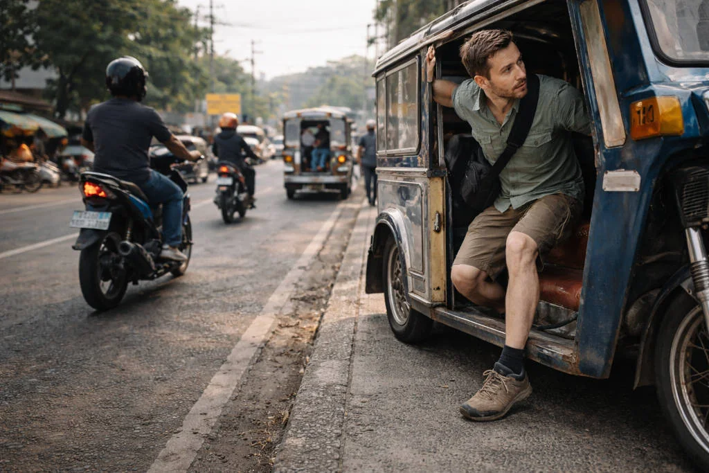 jeepney and tricycle guide safe exit moment with street awareness and careful stepping down