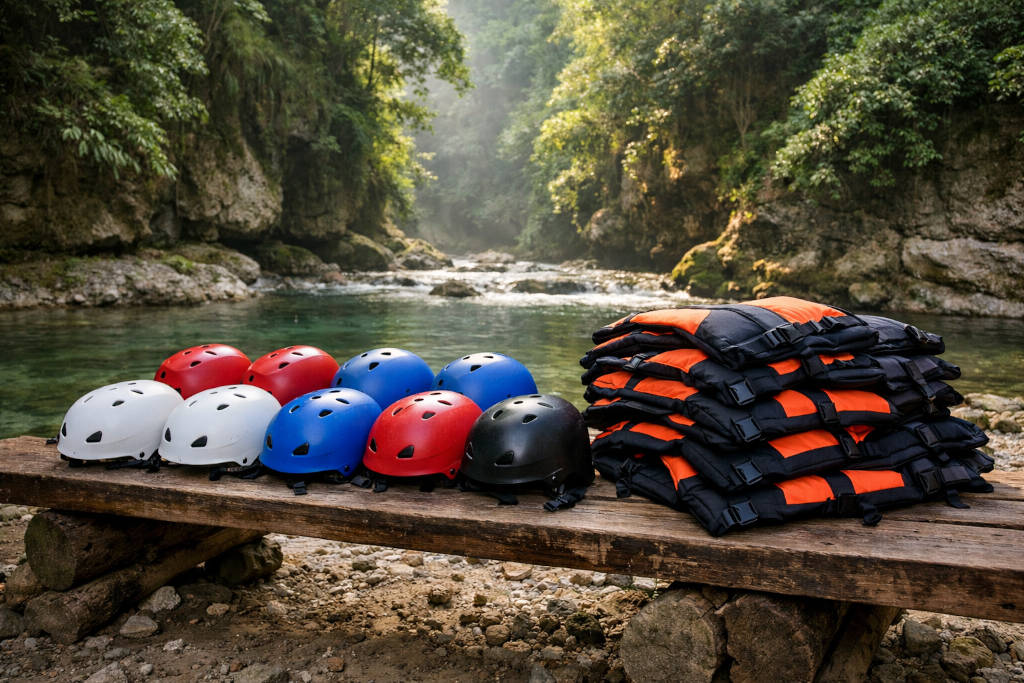 Safety gear laid out before kawasan canyoneering by the river