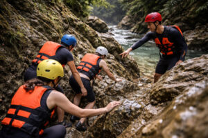 Realistic scrambling terrain with handholds during kawasan canyoneering