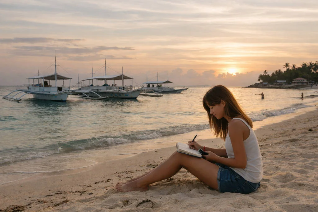 Calm sunrise shoreline with banca boats for malapascua itinerary 7 days planning
