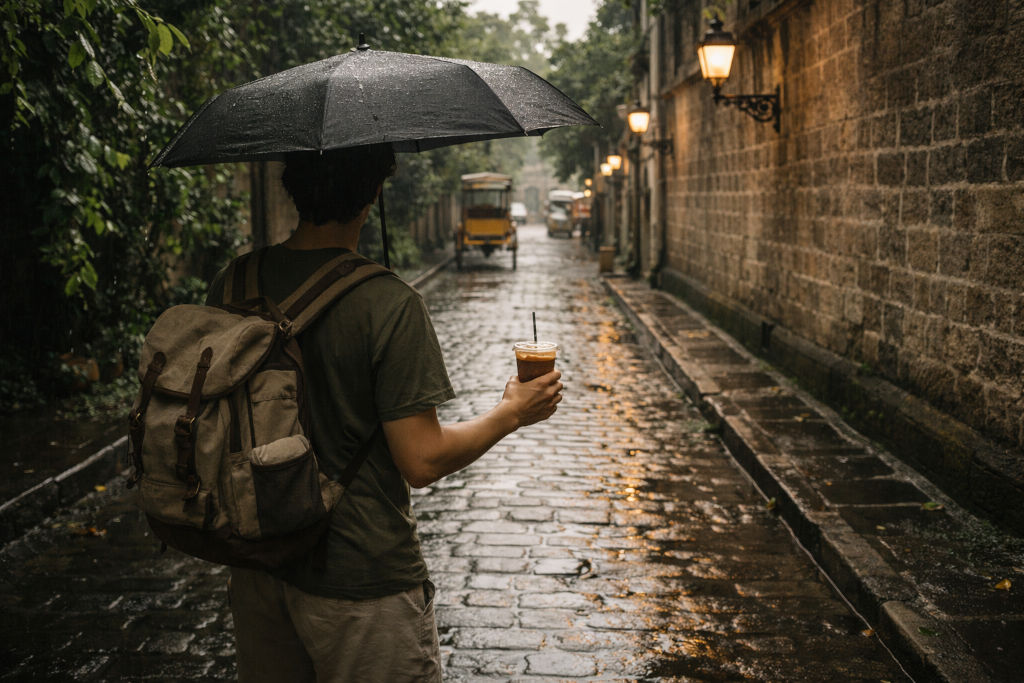 Manila bakasyon guide calm Intramuros walk with umbrella and iced coffee vibe
