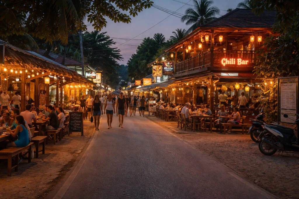 Moalboal Nightlife evening street scene on a well-lit walkable road