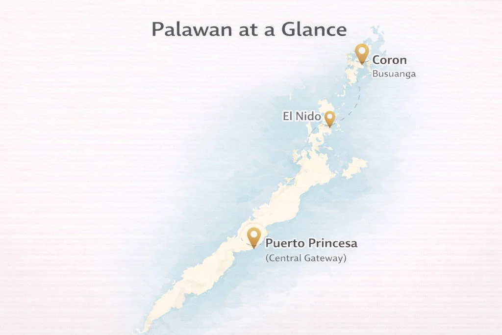 Palawan island hopping guide map showing key bases El Nido Coron and Puerto Princesa for first timers