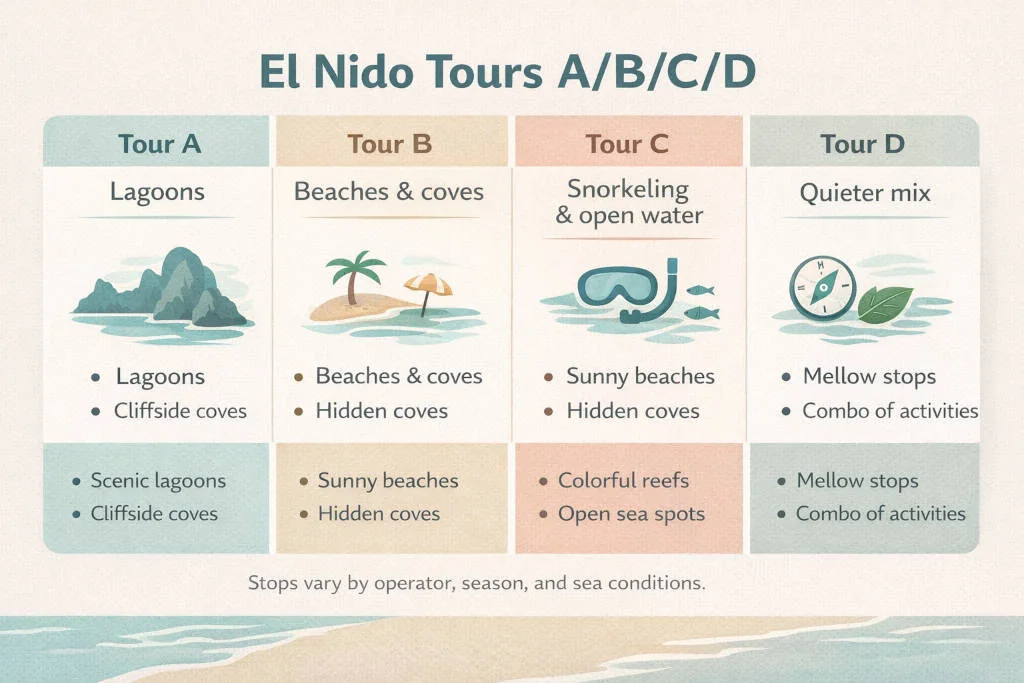 Palawan island hopping guide El Nido island hopping tours A B C D overview graphic