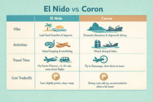 Palawan island hopping guide El Nido versus Coron quick comparison table for first timers