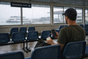 Philippine transport decision guide calm ferry terminal waiting area with boarding gate sign