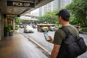 Philippine transport decision guide using rideshare pickup as a simple low-stress option in Manila