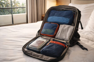 Base essentials packed in a backpack for a Philippines packing list guide