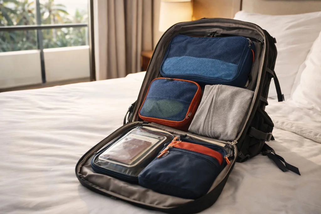 Base essentials packed in a backpack for a Philippines packing list guide