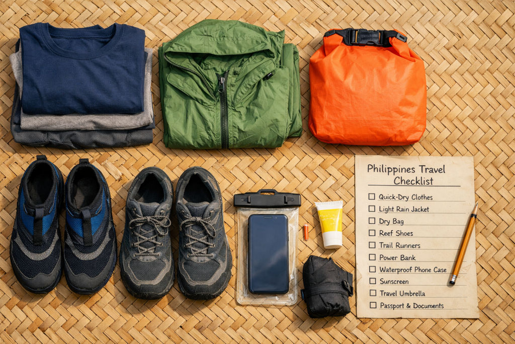 Flat lay of travel essentials for a Philippines packing list guide on a woven mat