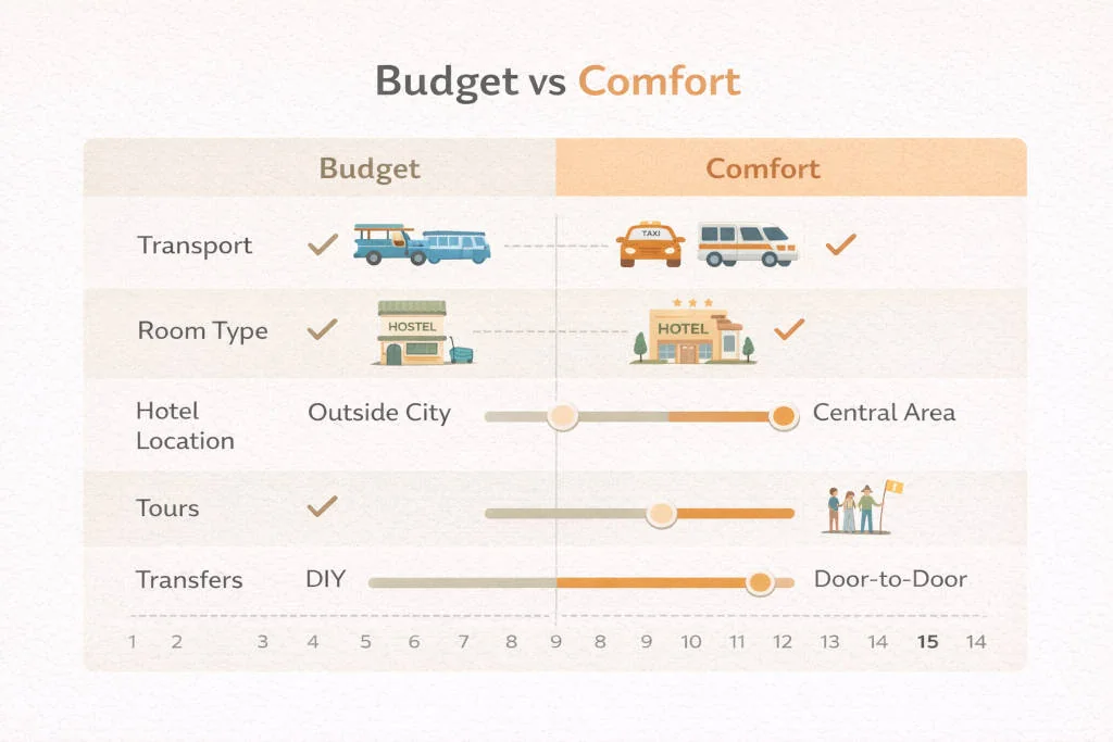 Philippines travel planning guide budget versus comfort tradeoffs chart for transport rooms tours