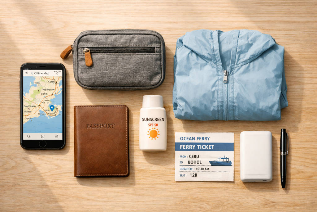 Philippines travel planning guide essentials with phone map, power bank, and light rain gear