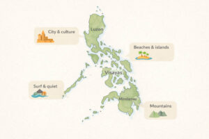 Philippines travel planning guide regions map of Luzon Visayas Mindanao with vibe labels