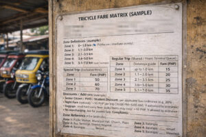 Tricycle number and permit sticker cues to confirm philippines tricycle fare legitimacy