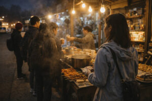 sagada nightlife near the Sagada market area at night with simple snacks and a quiet crowd