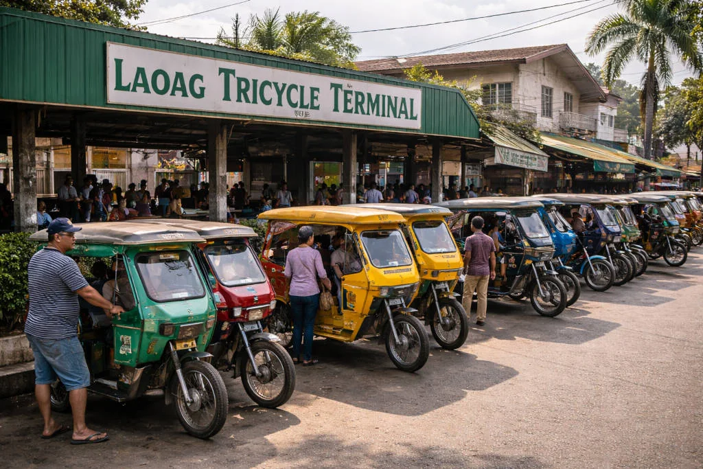 Calm Laoag street scene near a tricycle terminal, scams in ilocos norte planning context
