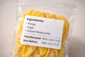 Checking label and expiry on a mango product for souvenir shopping in Zambales