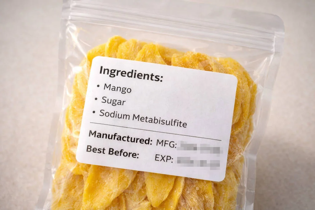 Checking label and expiry on a mango product for souvenir shopping in Zambales