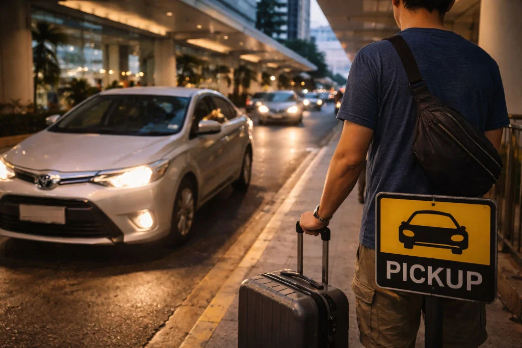 Grab pickup meeting point using Tagalog travel phrases for vacation like “nandito na po ako”