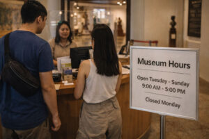 Buying museum tickets using Tagalog travel phrases for vacation and asking about rules