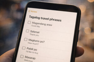Simple Tagalog travel phrases for vacation cheat sheet displayed on a phone